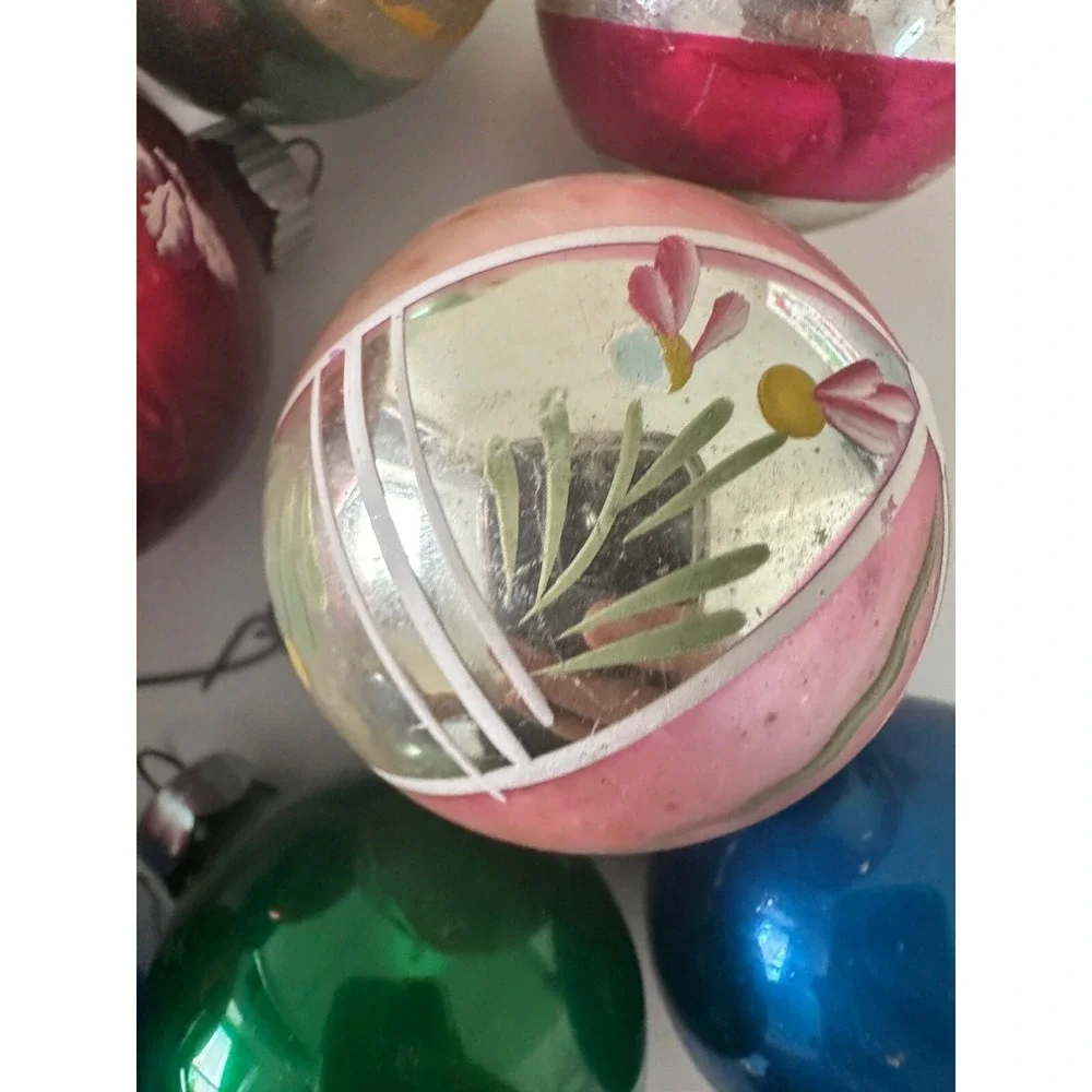 Vtg Poland Pink Flower Shiny Brite USA‎ Glass Ball Christmas Ornament Set 9